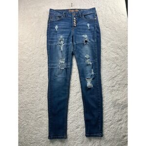 Indigo Rein Jeans Womens 9 Blue Distressed Skinny Button Fly Stretch Denim Pants